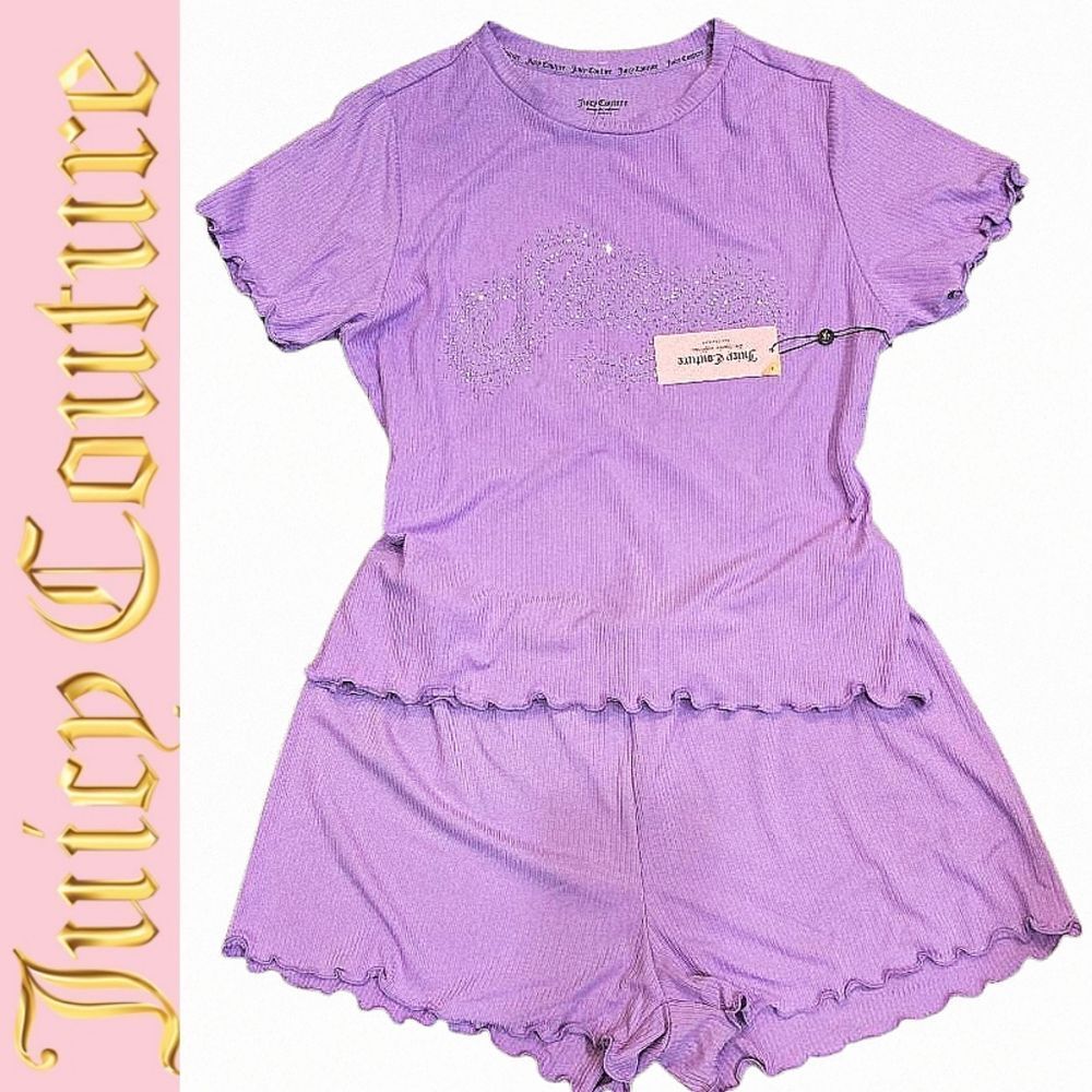 Juicy Couture Rhinestone Logo 2-PC Ribbed Short & Tee PJ Set